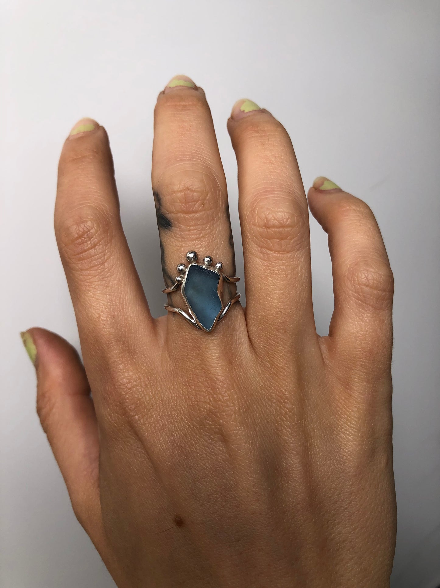 Blue Sea Glass Recycled Silver Ring