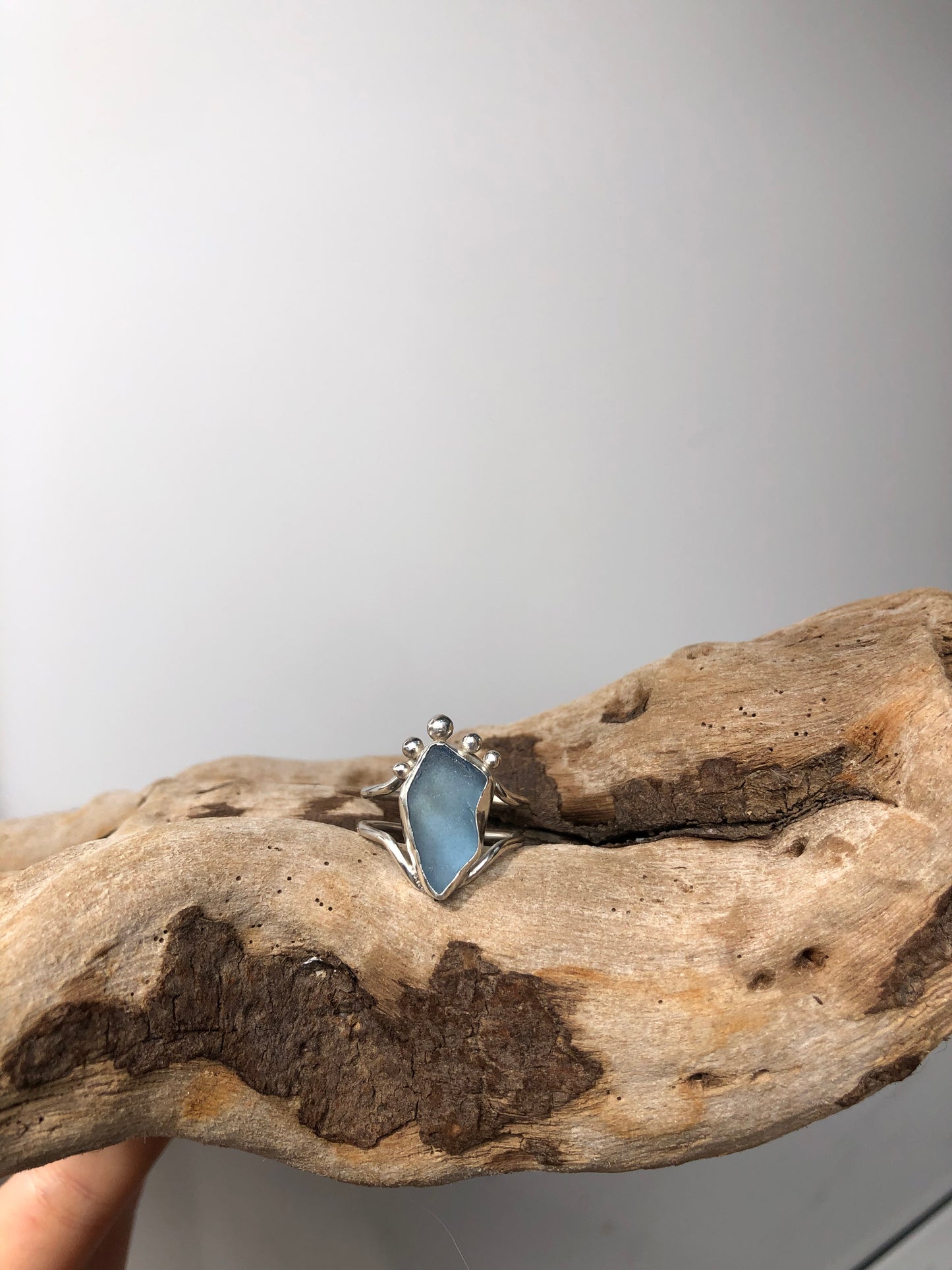 Blue Sea Glass Recycled Silver Ring