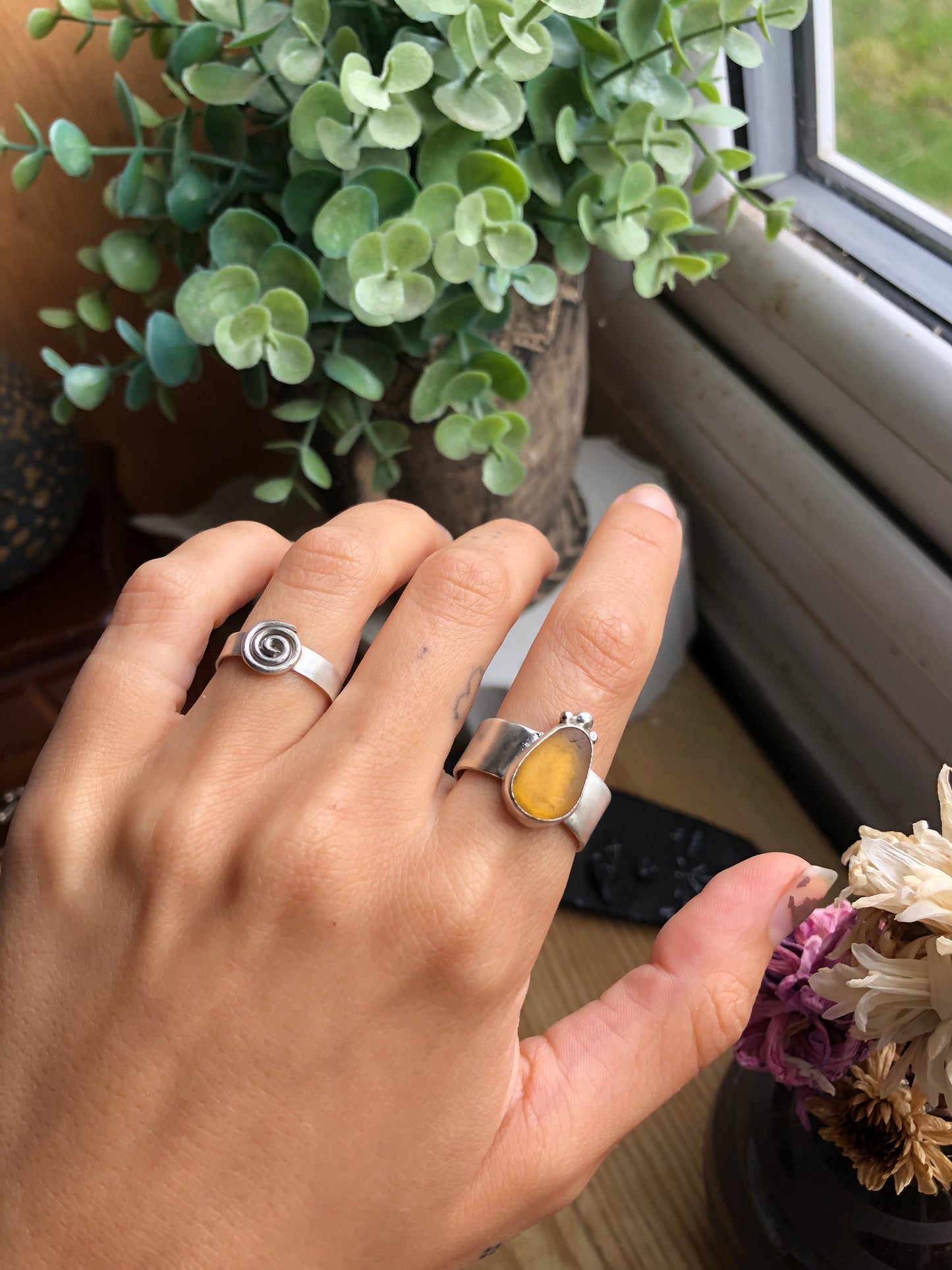 Yellow Sea Glass Sterling Silver Ring