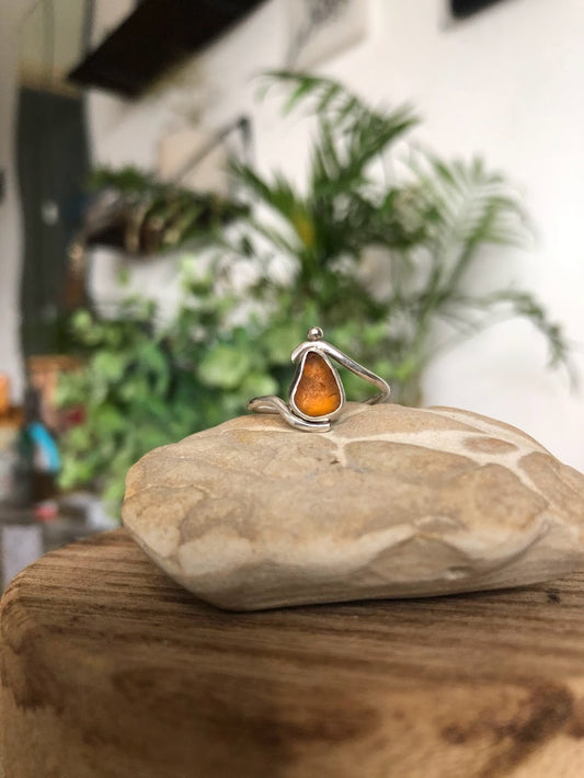 Orange Sterling Silver Sea Glass Ring