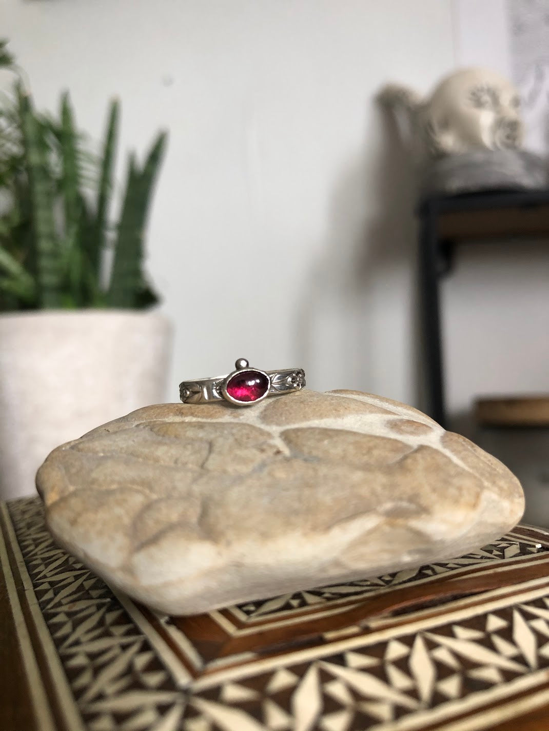 Garnet Sterling Silver Ring with flower band