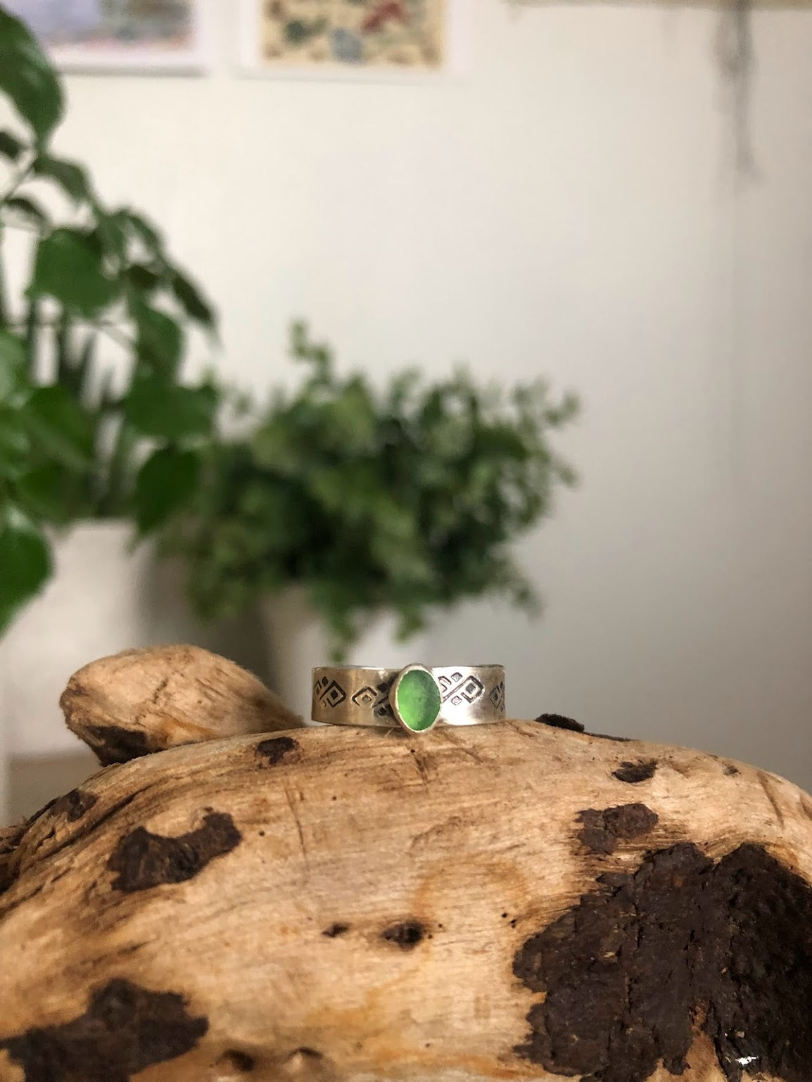 Green Sea Glass Sterling Silver Ring with oxidized stamped band