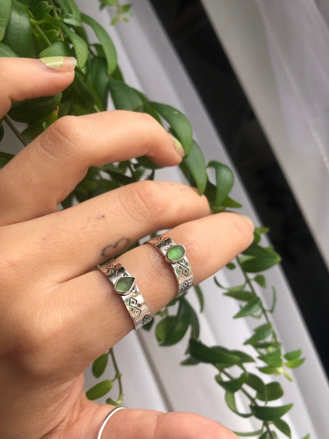 Green Sea Glass Sterling Silver Ring with oxidized stamped band