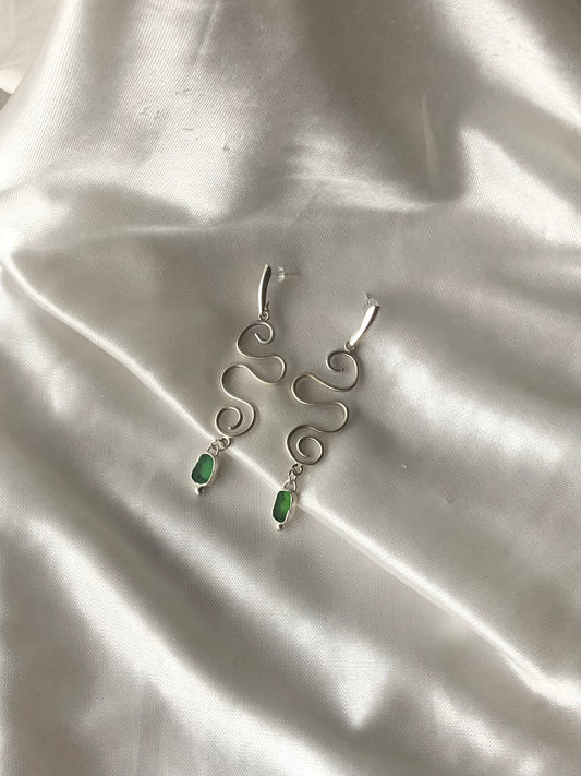 Spiral Green Sea Glass Sterling Silver Earrings