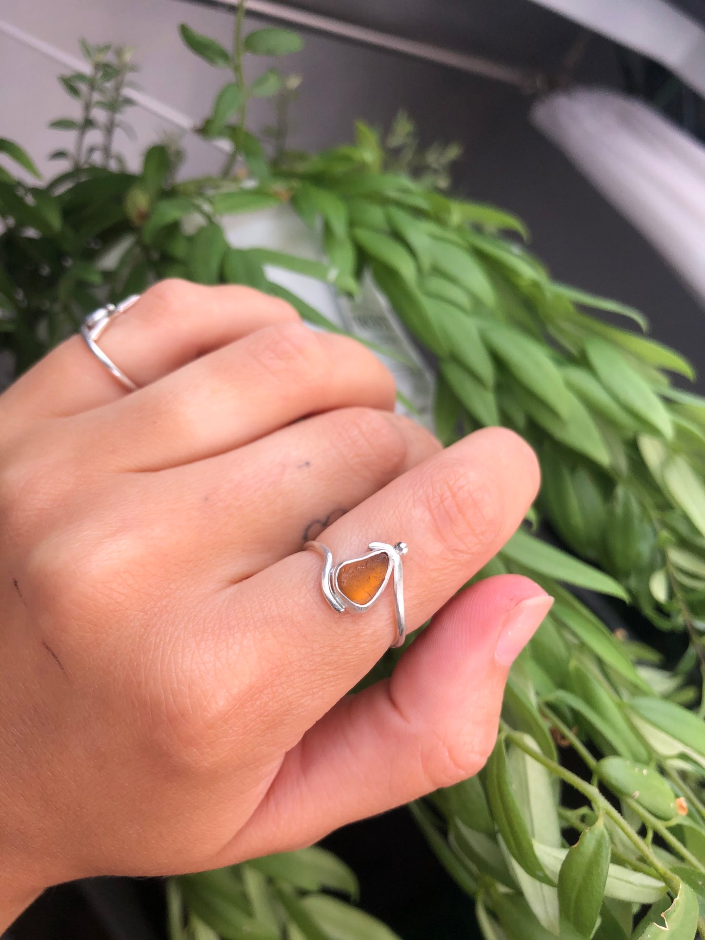 Orange Sterling Silver Sea Glass Ring