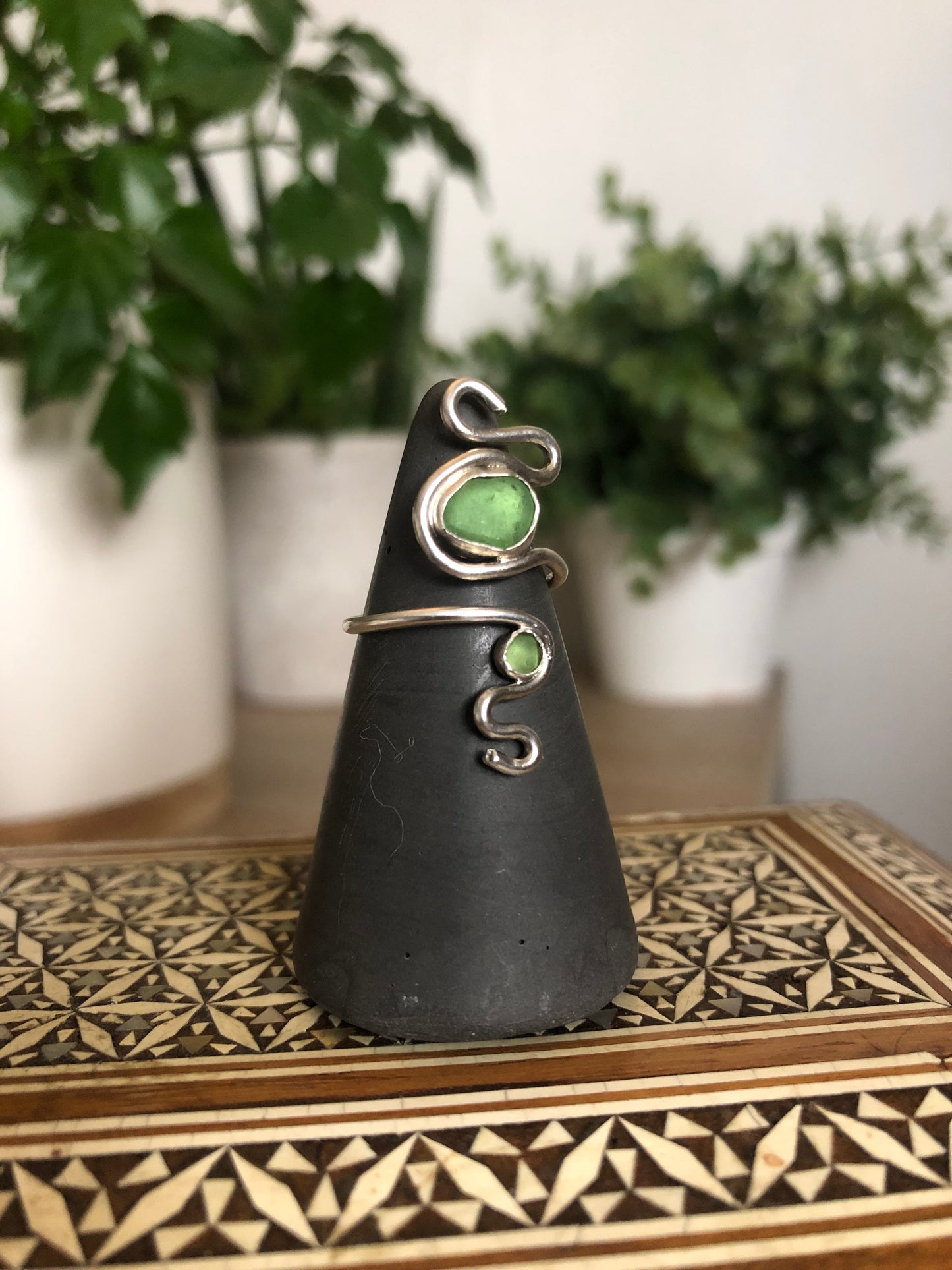 Green Sterling Silver Sea Glass Wire Spiral Ring