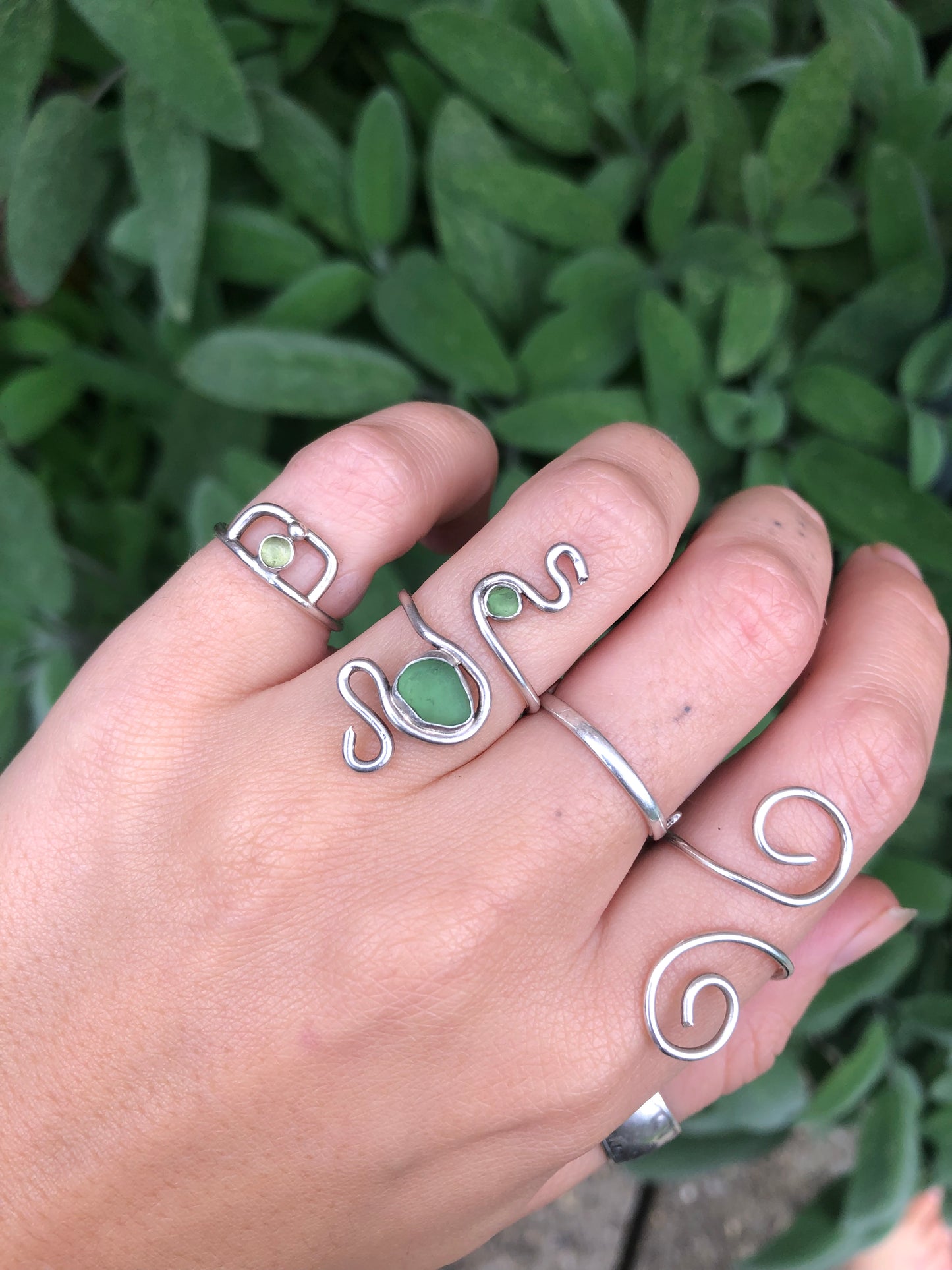 Green Sterling Silver Sea Glass Wire Spiral Ring