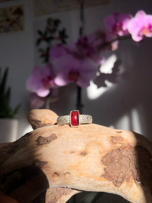 Red Garnet Sterling Silver Ring with snake band