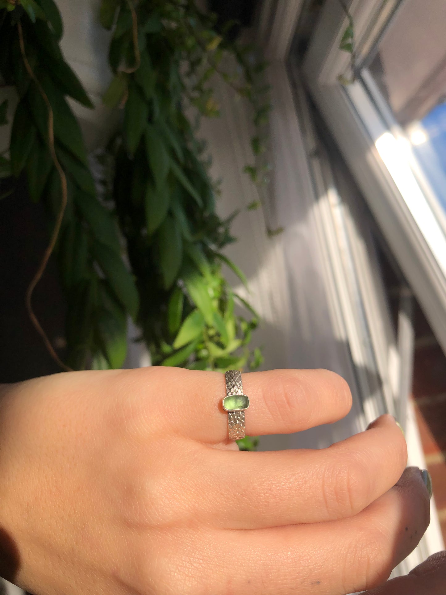 Green Sterling Silver Sea Glass Pinky Ring