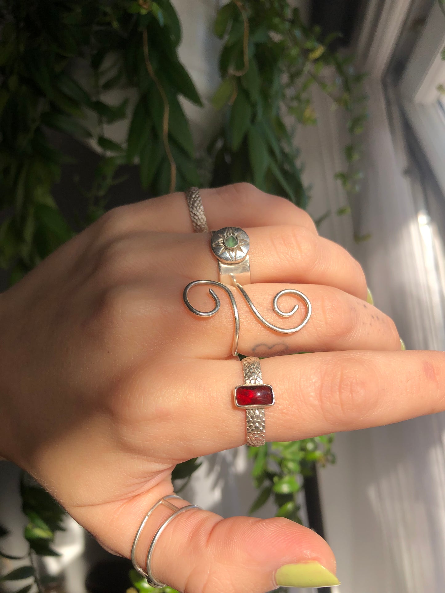 Red Garnet Sterling Silver Ring with snake band